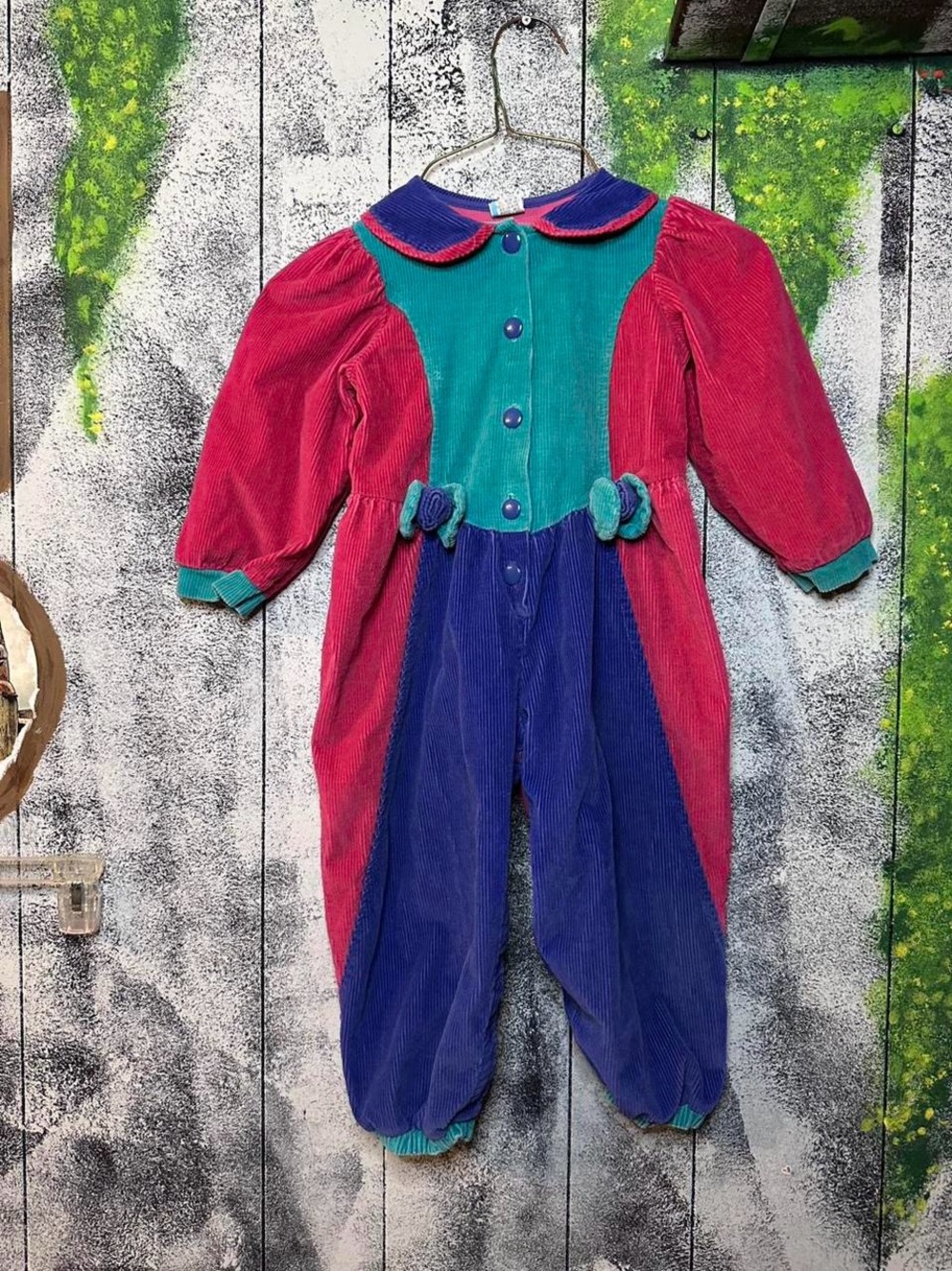 Vintage Colorblock Corduroy Jumpsuit in Teal, Magenta & Purpley Blue